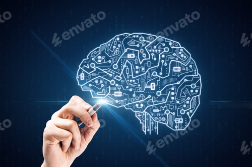Preview: Hand With Creative Circuit Brain On Blue Background. Artificial Intelligence And Futuristic Concept.