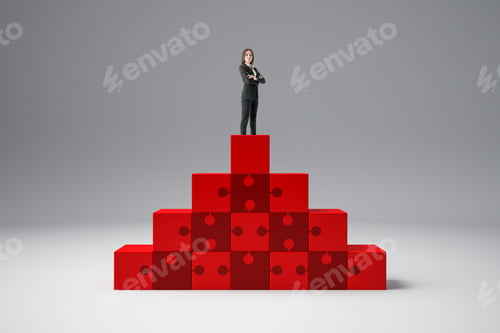 Preview: Businesswoman Standing On Abstract Red Puzzle Pedestal On Grey Background. Leadership And Success