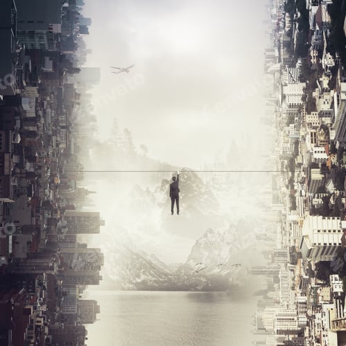 Preview: Back View Of Tiny Businessman Hanging On Rope On Abstract Sideways City Background. Risk Concept
