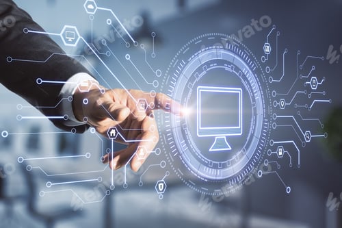 Preview: Businessman Hand Pointing At Creative Computer Icon Hologram On Blurry Office Background. Digital
