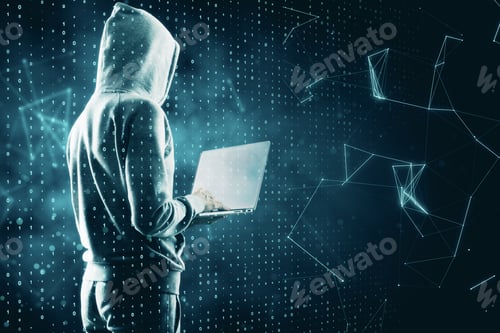 Preview: Hacker Using Laptop On Abstract Digital Interface Background. Hacking And Computing Concept. Double