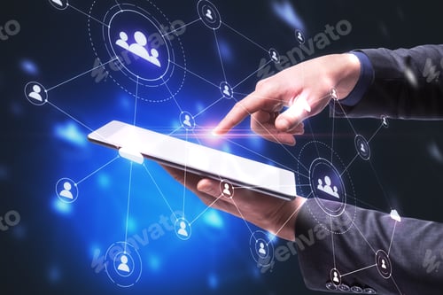 Preview: Hand Using Digital Tablet With Creative Social Network Interface And Glowing Human Resource Concept