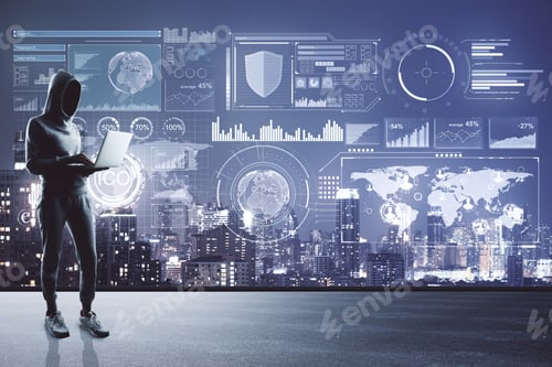 Preview: Hacker Standing On Rooftop With Digital Business Interface And Night City View. Hacking And Future