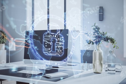 Preview: Close Up Of Creative Designer Desktop With Computer Monitor And Glowing Padlock Map Hologram On