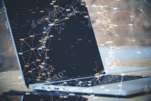 Preview: Close Up Of Laptop With Creative Glowing Big Data Connections Circle On Blurry Background. Science