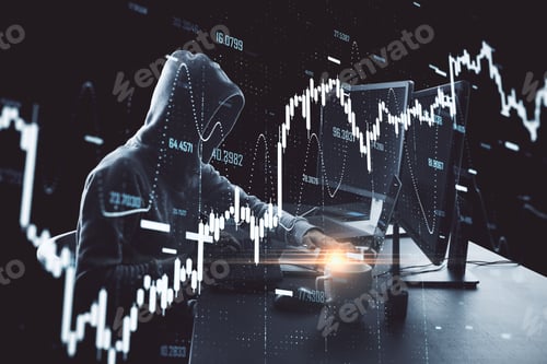 Preview: Hacker Using Computer With Digital Finance And Data Protection Interface. Protection Concept