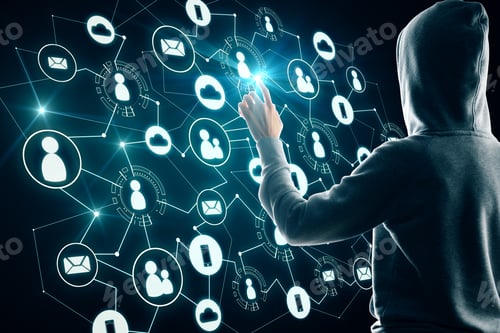 Preview: Hacker Hand Using Creative Social Network Interface On Dark Background. Media, Hr And Criminal