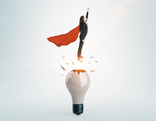 Preview: Businesswoman With Red Hero Cape Launching From Abstract Broken Lamp. Gray Background. Startup And