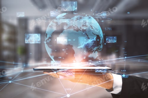 Preview: Close Up Of Businessman Hand Holding Digital Pad With Creative Glowing Globe Hologram With Forex