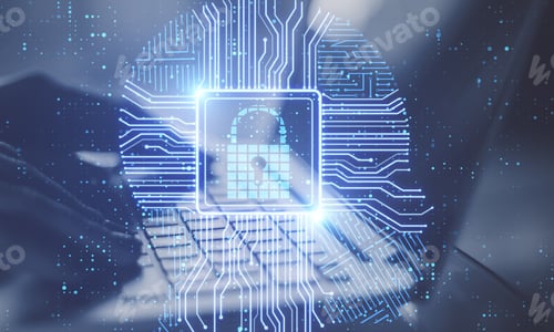 Preview: Hands Using Laptop With Creative Glowing Digital Chip With Clock Interface. Safety And Protection