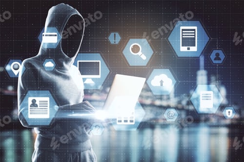 Preview: Hacker Using Laptop With Glowing Digital Business Interface On Blurry Night City Background. Cloud