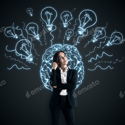Preview: Attractive Young European Businessman With Creative Glowing Brain And Lamps Sketch On Black