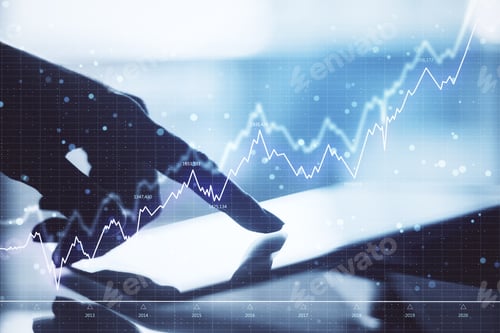 Preview: Close Up Of Hands Using Tablet With Forex Chart. Network And Trade Concept. Double Exposure