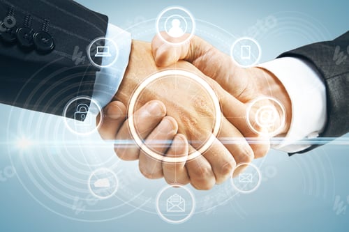Preview: Close Up Of Handshake With Web Icons On Blue Background. Social Network And Communication Concept