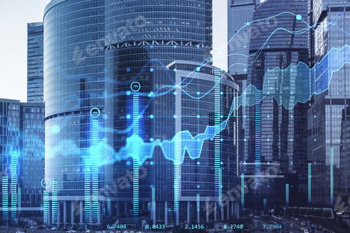 Preview: Creative City Background With Growing Business Chart. Finance And Market Concept. Double Exposure
