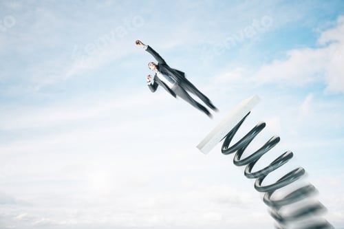 Preview: Businessman In Suit Lauching Off Big Spring On Sky Background With Clouds. Startup And Success