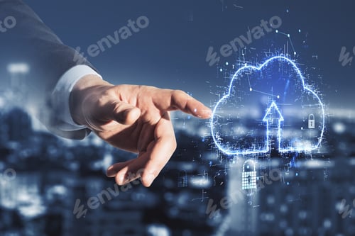 Preview: Cloud Service Technology With Man Hand Touching Digital Screen With Glowing Cloud Sign With Arrow