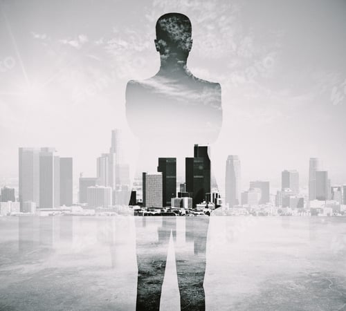Preview: Back View Of Thoughtful Young Businessman On Abstract Grey City Background. Double Exposure