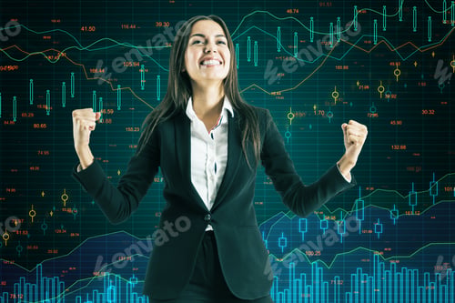 Preview: Happy Young Businesswoman Celebrating Success On Dark Forex Chart Background. Trade And Anaysis