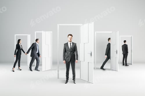 Preview: Opportunity, Teamwork And Tomorrow Concept. Businesspeople In Abstract Interior With Doors.