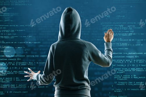 Preview: Back View Of Hacker In Hoodie On Abstract Coding Background. Hacking And Technology Concept