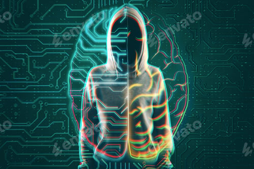 Preview: Hacker With Circuit Brain. Ai And Hacking Concept. Double Exposure