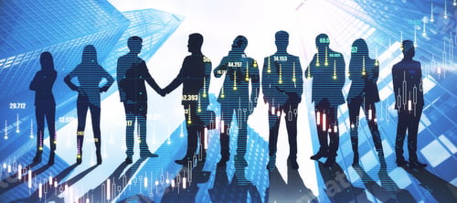 Preview: Hedge Fund Team Concept With Digital Glowing Rising Financial Chart Candlestick On Dark People