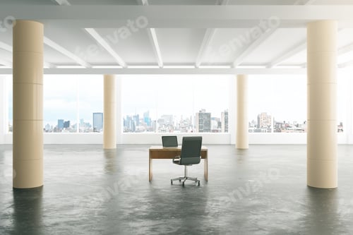 Preview: Modern Sunny Loft Style Open Space Office With Furniture, Big Windows And Pillars 3D Render