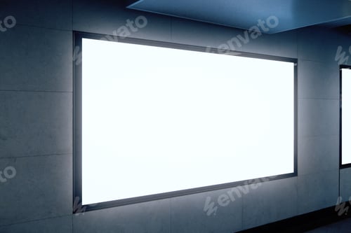 Preview: Side View Of Empty White Subway Billboard On Gray Wall. Advertisement And Urban Concept. Mock Up
