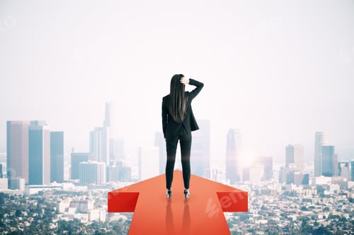 Preview: Back View Of Young Businesswoman Standing On Red Arrow On New York City Background. Growth And