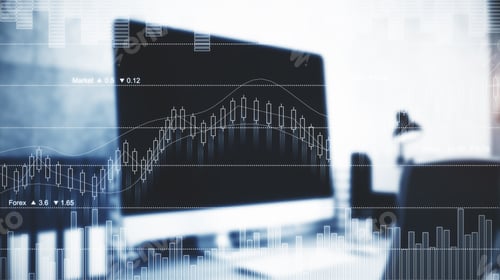 Preview: Blurry Filtered Office Workplace With Abstract Forex Chart. Analysis Concept. Double Exposure