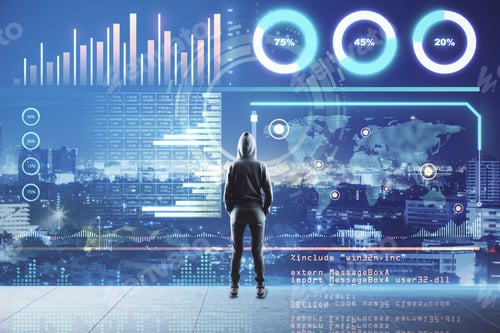 Preview: Stats Data Concept With Guy In Sport Suit Opposite Big Virtual Screen With Data Information On