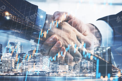 Preview: Business Partnership Handshaking And Abstract Financial Chart On City Background. Occupation And