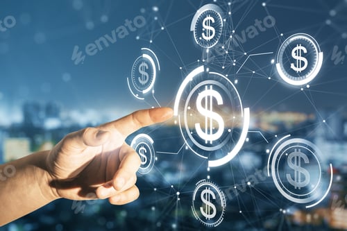 Preview: Close Up Of Businessman Hand Pointing At Glowing Digital American Dollar Interface Hologram On