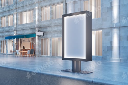 Preview: Blank Ad Banner At Night With Concrete Building And Cafe In The Background. Mock Up, 3D Render