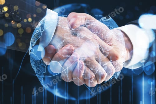 Preview: Businesspeople Shaking Hand And Glowing Global Financial Statistic. Leadership And Success Concept