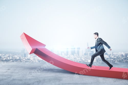 Preview: Red Arrow With Running Businessman On City Background. Growth And Forward Concept