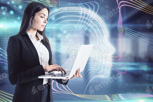 Preview: Artificial Intelligence Concept With Businesswoman Using Laptop On Digital Screen Background With