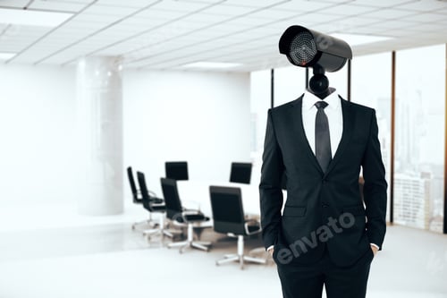 Preview: Business Security Management Concept. Businessman With Cctv Camera Instead Of Head On Meeting Room