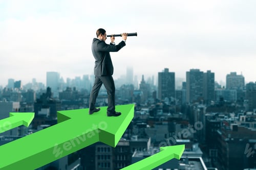 Preview: Businessman Standing On Abstract Red Arrows And Using Telescope To Look Into The Distance On City