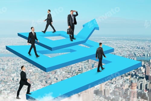 Preview: Businesspeople On Abstract Maze Arrow. Teamwork And Development Concept.