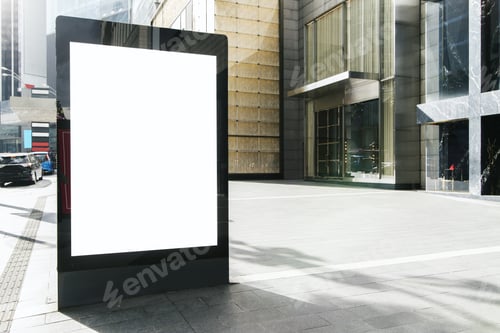Preview: Blank White Outdoor Banner On City Background. Commercial And Ad Concept. Mock Up