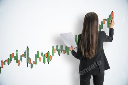 Preview: Businesswoman Drawing Creative Candlestick Chart On White Wall. Increase And Stats Concept.