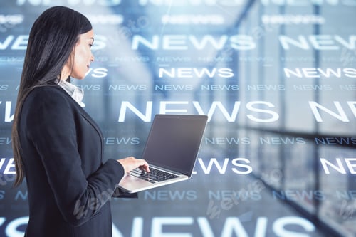 Preview: Businesswoman With Laptop On The Background Of Inscriptions News, Double Exposure, Journalism