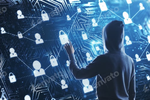 Preview: Young Hacker With Digital Business Interface. Hack And Phishing Concept.