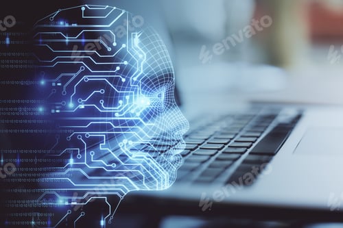 Preview: Side View And Close Up Of Laptop With Glowing Circuit Head Outline. Ai And Machine Learning