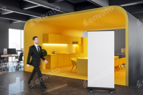 Preview: Businessman Walking In Modern Yellow Office Kitchen Interior With Empty Poster. Mock Up,