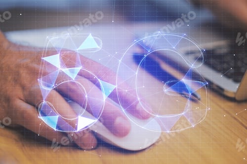 Preview: New Generation Network Concept With 5G Sign And Man Using Laptop And Smartphone. Double Exposure.