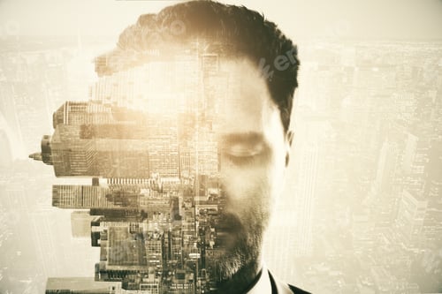 Preview: Half Of Caucasian Man'S Face With Closed Eyes And Rotated Sideways City On Abstract Background With