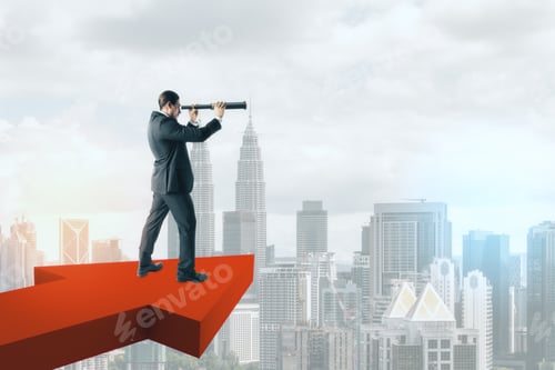 Preview: Businessman Standing On Red Arrow And Looking On City. Growth And Research Concept.